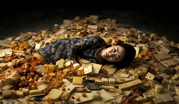 Photo a woman laying on a floor with cheese and cheese