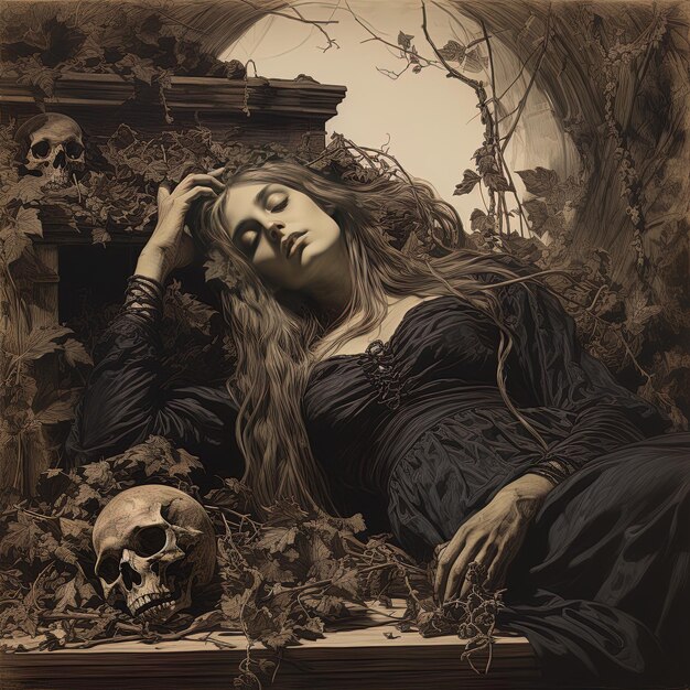 a woman laying in front of a skull and a skull