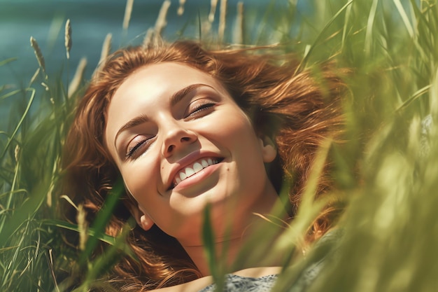 A woman laying in the grass smiling