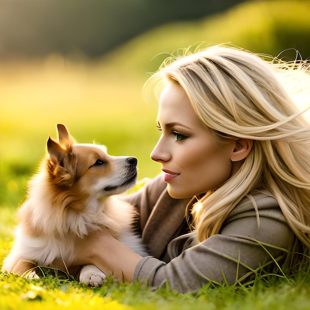 犬と一緒に芝生に寝そべる女性