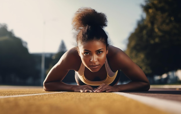 A woman laying on the ground, wearing a yellow top and a black tank top.