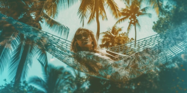 Photo a woman laying in a hammock between palm trees generative ai image