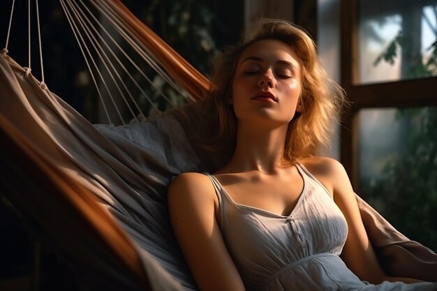 a woman laying in a hammock with her eyes closed