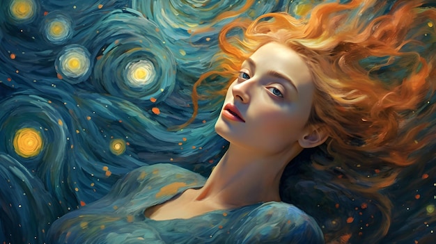 青い背景と星空を持つ女性の絵を抱えて仰向けに寝そべる女性。