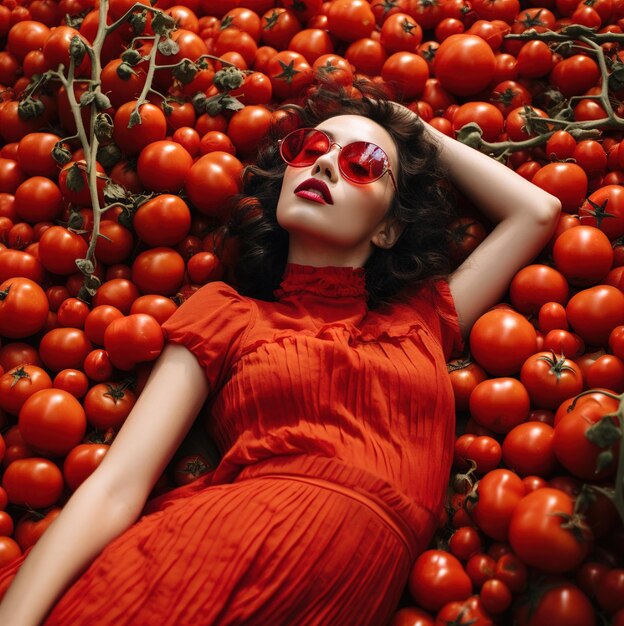 A woman laying in a pile of tomatoes with her head covered in red lipstick