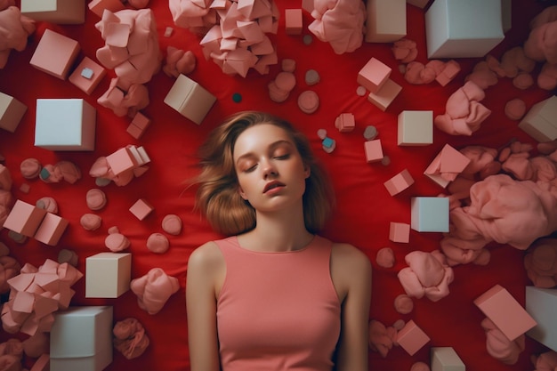 A woman laying on a red carpet surrounded by pink boxes.