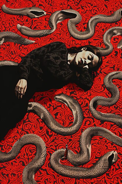 Photo a woman laying on a red carpet with a snake on it