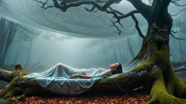 森 の 木 に 横たわっ て いる 女性