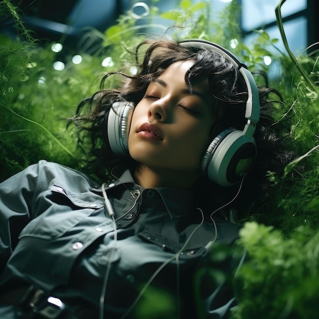 a woman lays in the grass with headphones on in the style of dreamlike settings ai generated