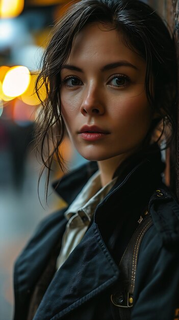 woman leaning against brick wall city alluring lips face asian girl gorgeous princess aka bust neck