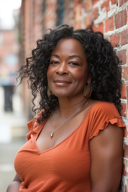 woman Leaning Against Brick Wall