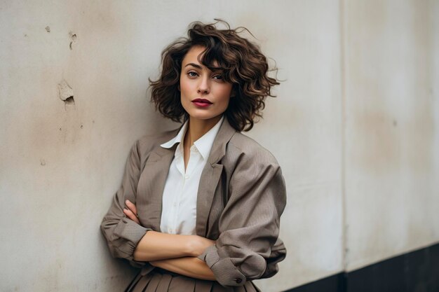 Woman leaning against the wall posing in front of the camera