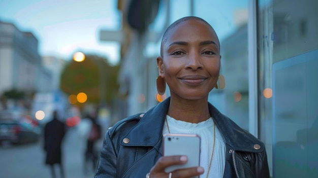 A woman in a leather jacket in her thirties looking at her cell phone