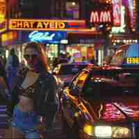 Photo a woman in a leather jacket is walking down the street with a sign that says chato