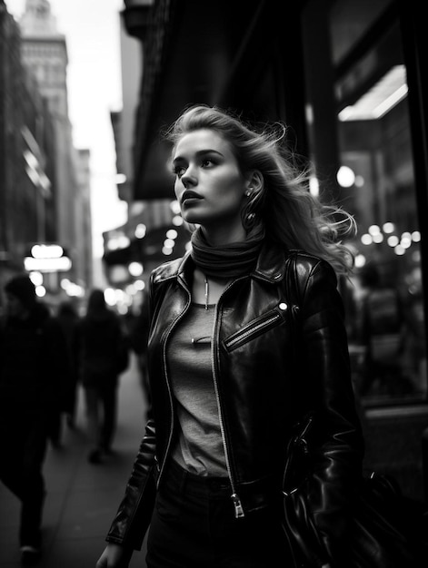 Premium Photo  A woman sits on the street wearing a black jacket with the  word'kon'on the front.