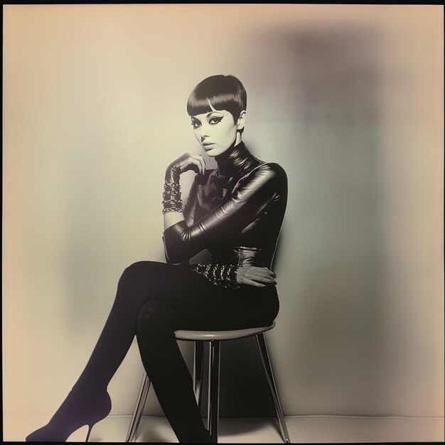 Photo a woman in a leather jacket sits on a stool