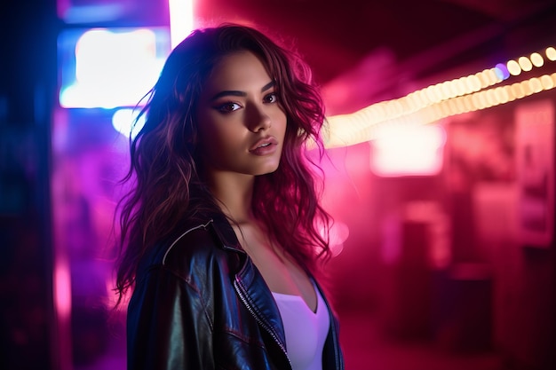 a woman in a leather jacket standing in front of neon lights