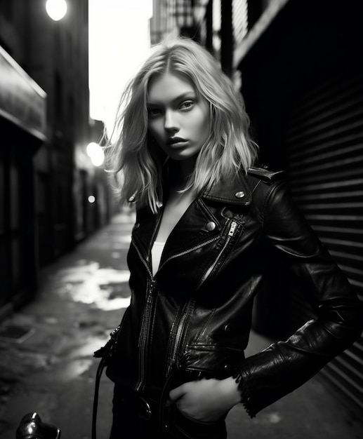 a woman in a leather jacket stands in front of a building.