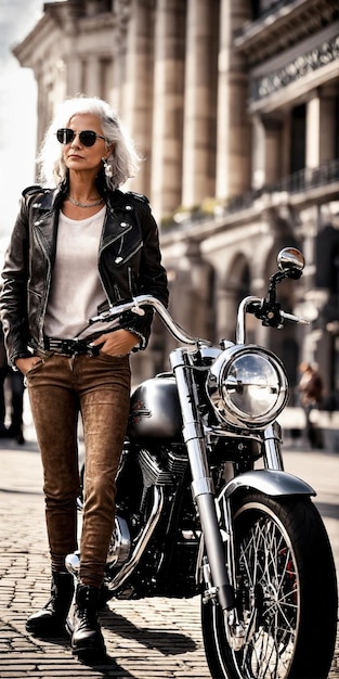 Photo a woman in a leather jacket stands next to a motorcycle