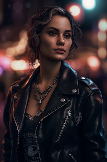 A woman in a leather jacket stands in a street.