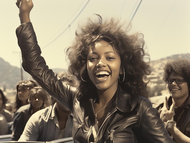 Woman in Leather Jacket Waving