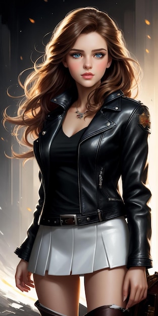 A woman in a leather jacket with a black belt