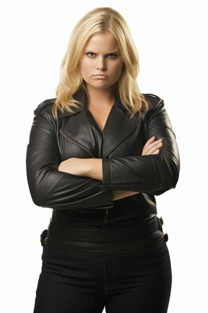 a woman in a leather jacket with her arms crossed