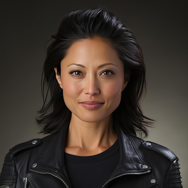 Woman in leather jacket with lively facial expressions