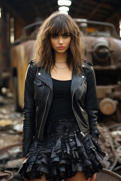 a woman in a leather jacket