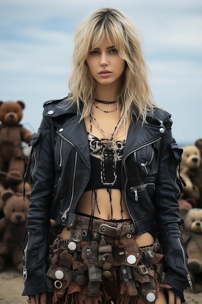 a woman in a leather jacket