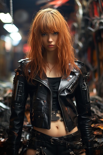 a woman in a leather jacket