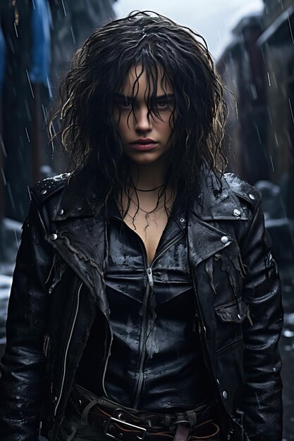 a woman in a leather jacket