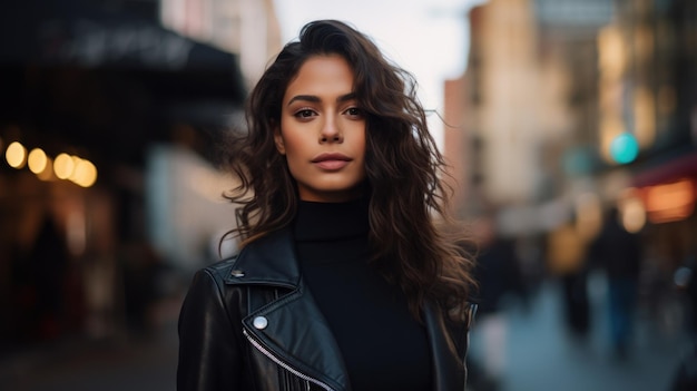 a woman in a leather jacket