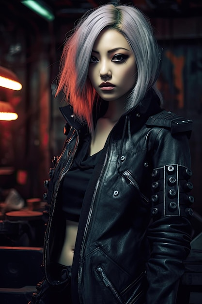 a woman in a leather jacket