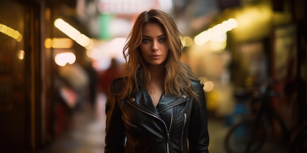 a woman in a leather jacket