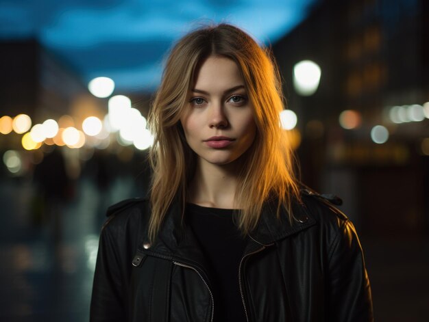 A woman in a leather jacket