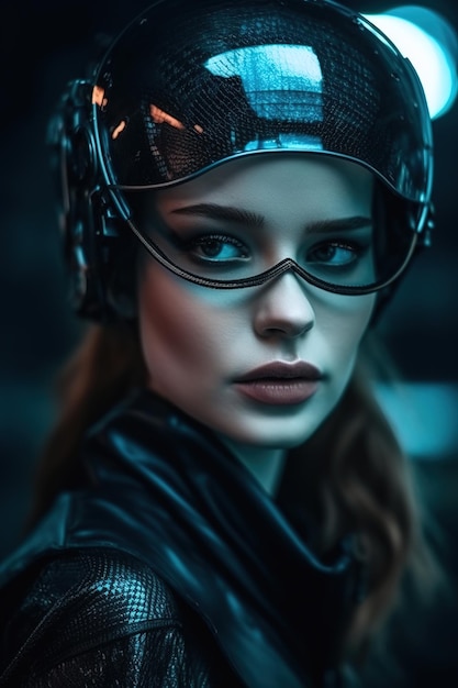 Женщина в кожаном мотоциклетном шлеме и кожаной куртке со словом «скорость» спереди.