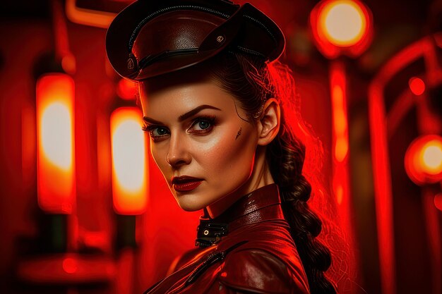 A woman in a leather outfit stands in front of a red light.