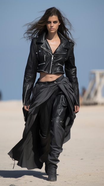 Woman in Leather Outfit Walking on Beach