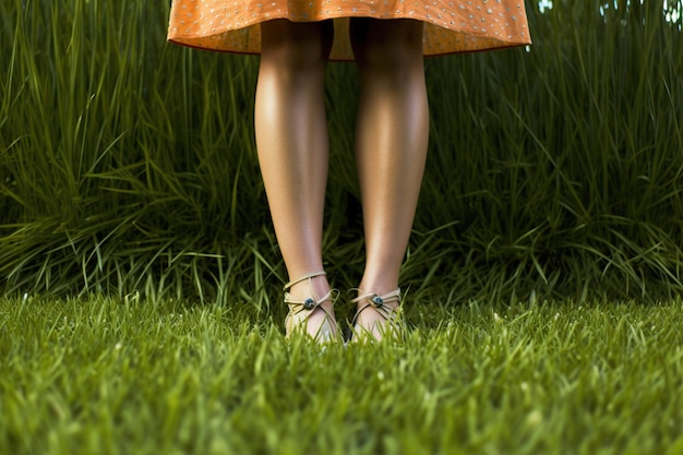 Woman legs feet up on green grass Generative AI