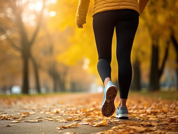 Woman legs in white shoes against autumn leaves background