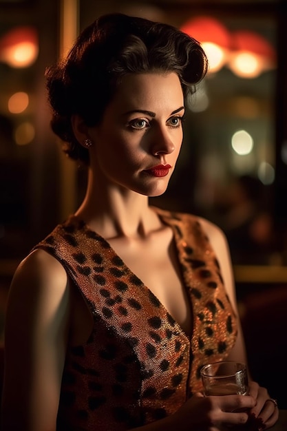 A woman in a leopard dress stands in front of a lamp.