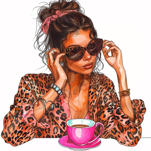 A woman in a leopard print shirt and sunglasses drinking coffee clip art