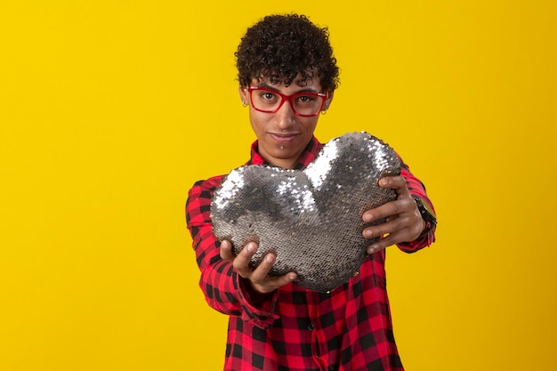 Photo woman lgbt wearing glasses in a plaid shirt representing various feelings