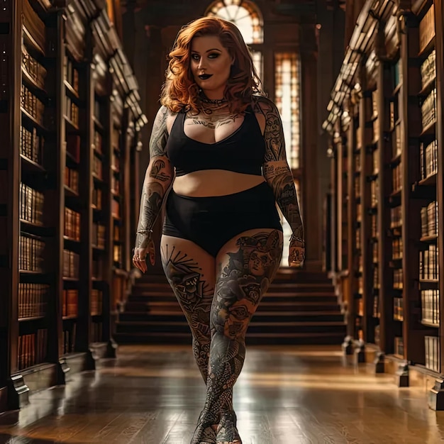 A woman in a library with tattoos on her body