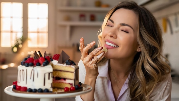 Photo woman licking her fingers while eating cake