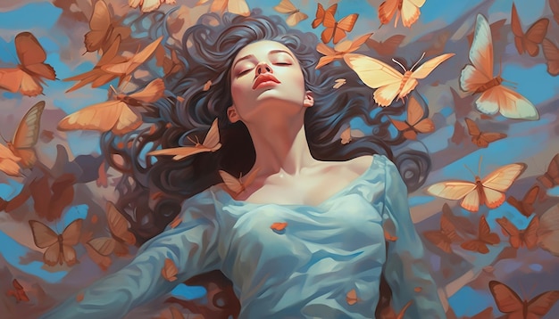 A woman lies in a bed of leaves with her eyes closed.