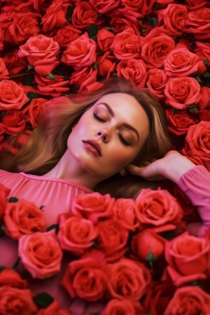 A woman lies in a bed of red roses.