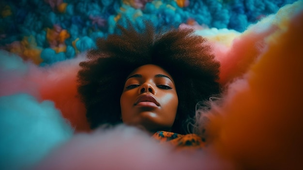 A woman lies on a bed with her hair in a colorful blanket.