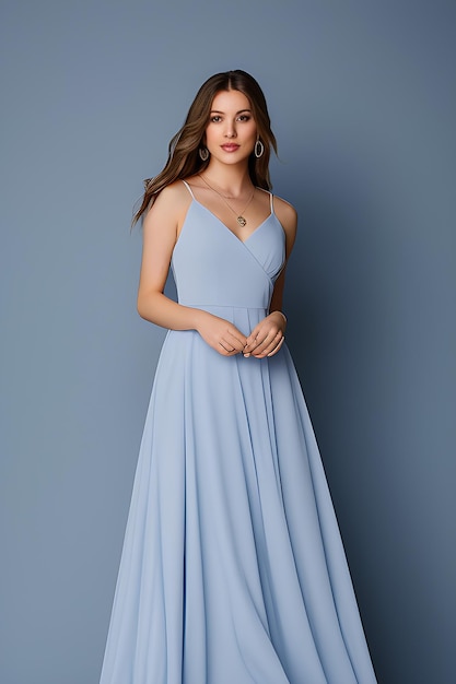 Woman in a light blue dress with a v neckline